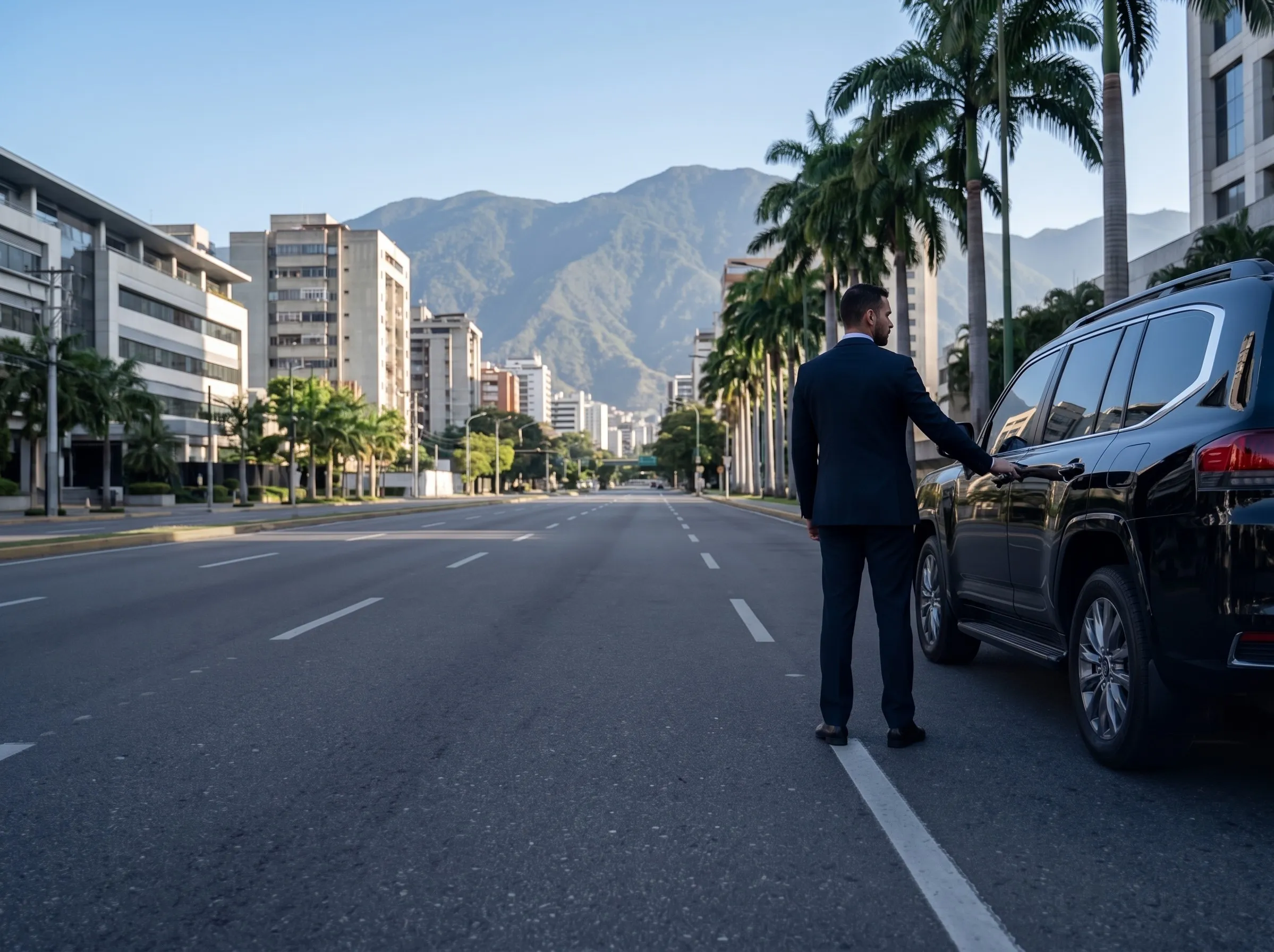 Conductor de seguridad abordando una unidad blindada en una avenida de Caracas, con el Ávila de fondo