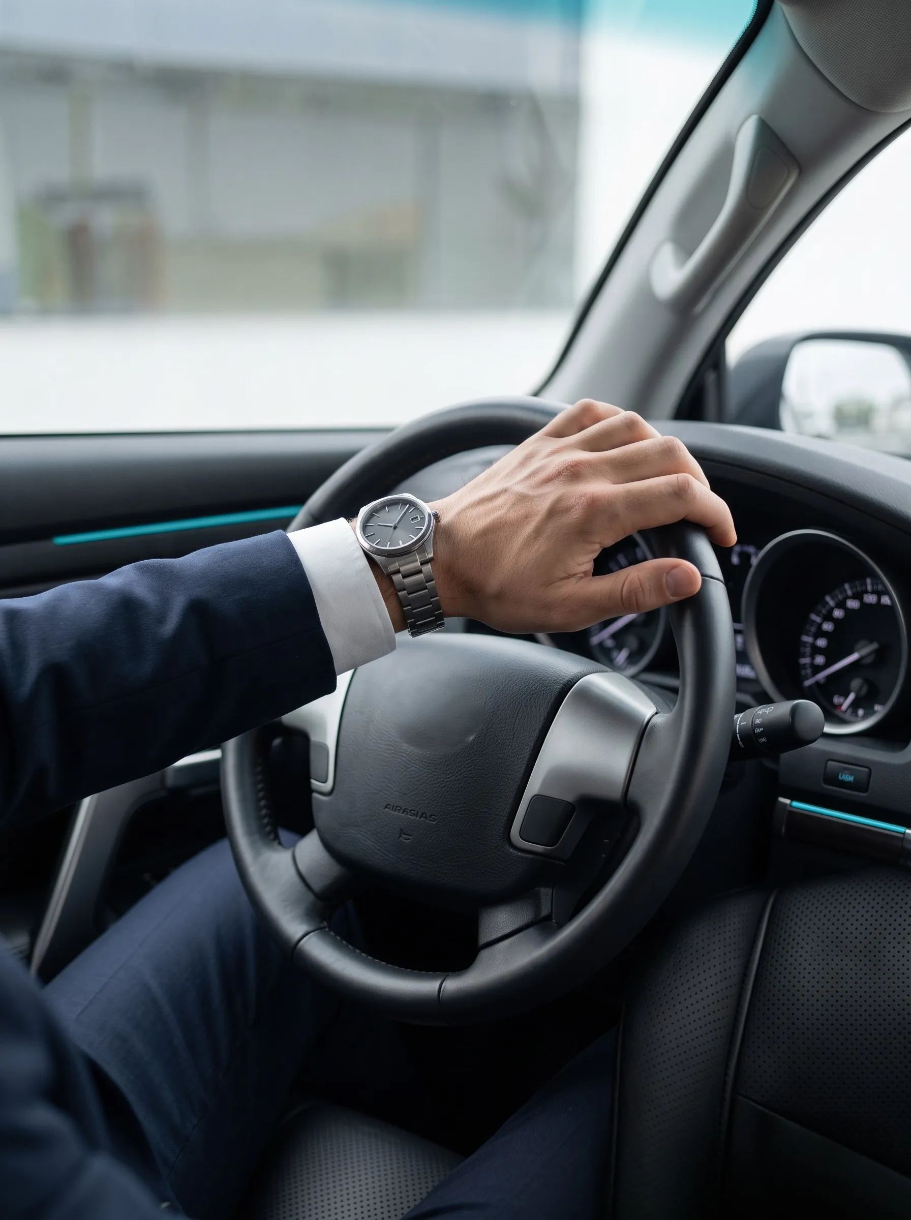 Conductor al volante, con reloj y traje ejecutivo, en unidad asignada de forma permanente