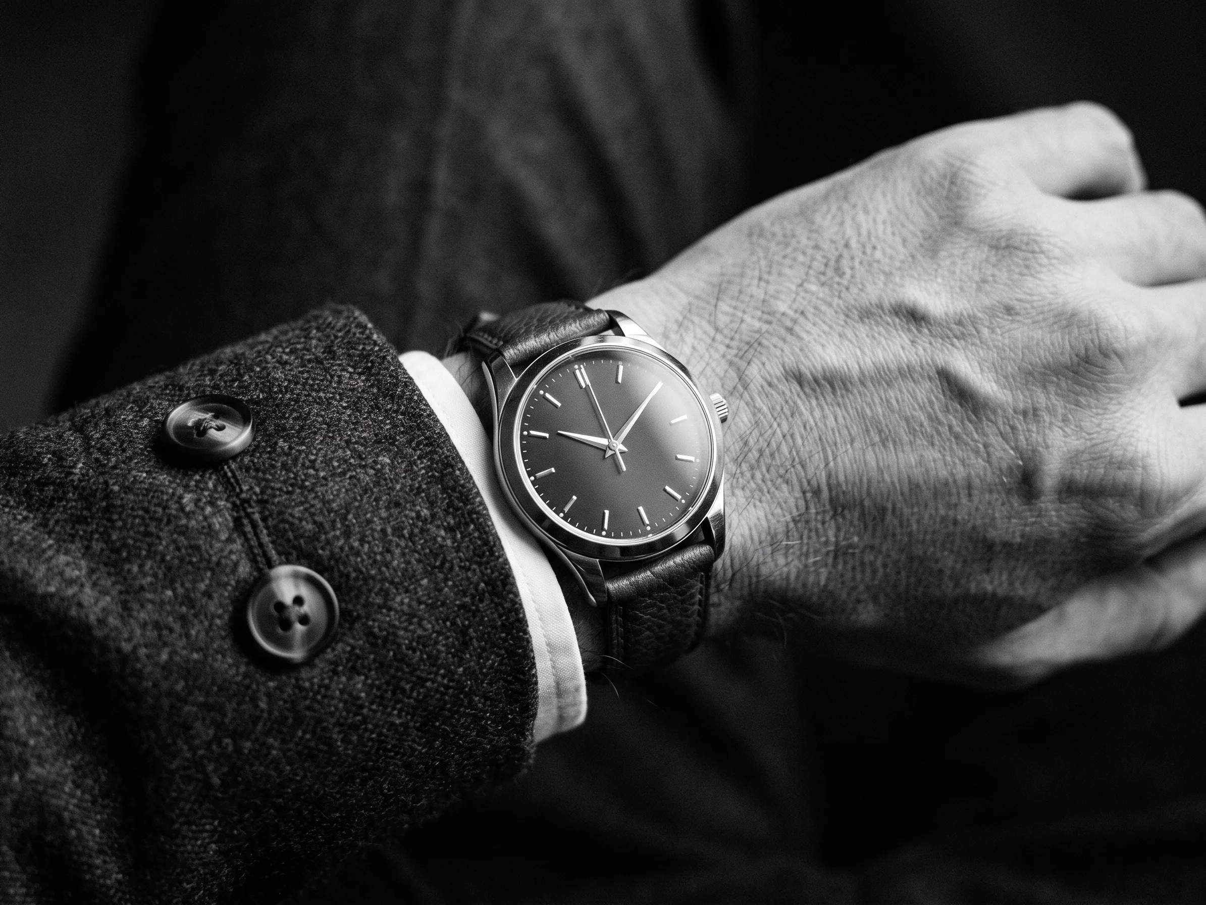 Reloj de pulsera en la muñeca de un conductor de traje